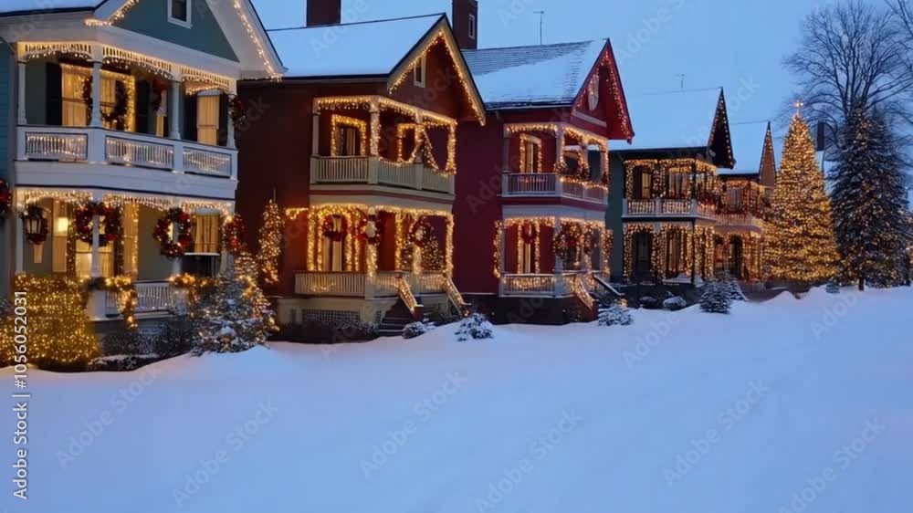 A snowy street lined with Victorian-style homes, each adorned with twinkling lights, wreaths, and glowing windows. A snowy street lined with Victorian-style homes, each adorned with twinkling lights, wreaths, and glowing windows.