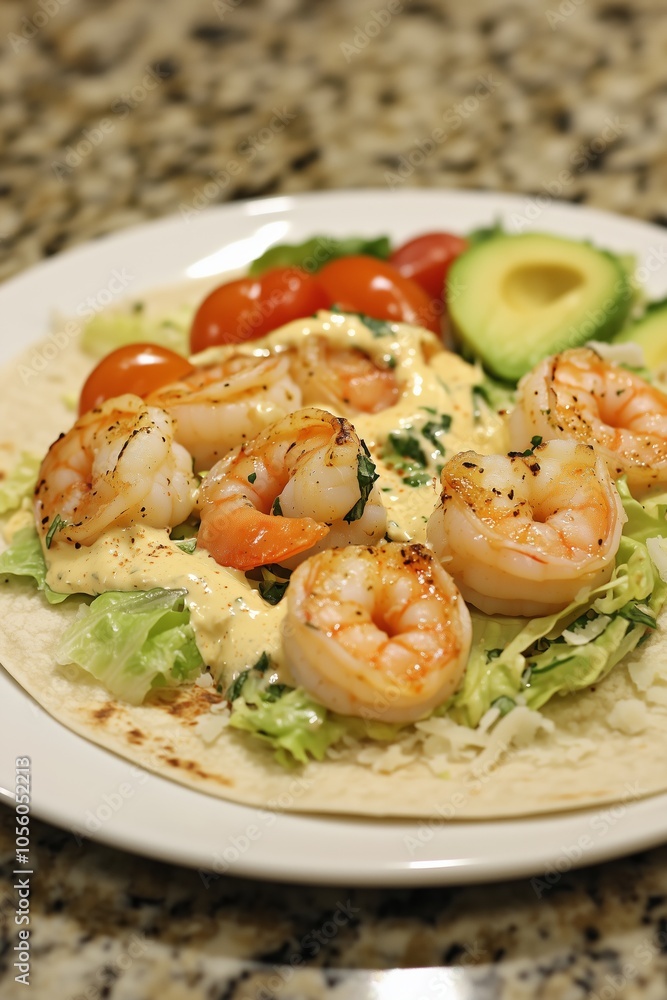 Delicious Shrimp Tacos Served With Avocado and Cherry Tomatoes on a Dinner Plate at a Home Kitchen Delicious Shrimp Tacos Served With Avocado and Cherry Tomatoes on a Dinner Plate at a Home Kitchen