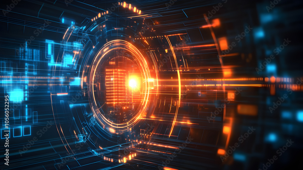 Abstract digital background with glowing orange and blue lines and circles. Abstract digital background with glowing orange and blue lines and circles.