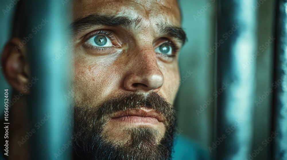 A man with a beard and blue eyes looks through prison bars with a somber expression. A man with a beard and blue eyes looks through prison bars with a somber expression.