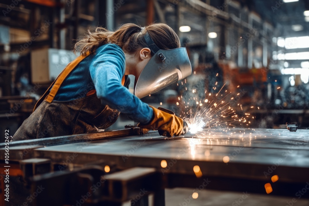 A female welder skillfully joining metal pieces, with a backdrop of a bustling workshop A female welder skillfully joining metal pieces, with a backdrop of a bustling workshop
