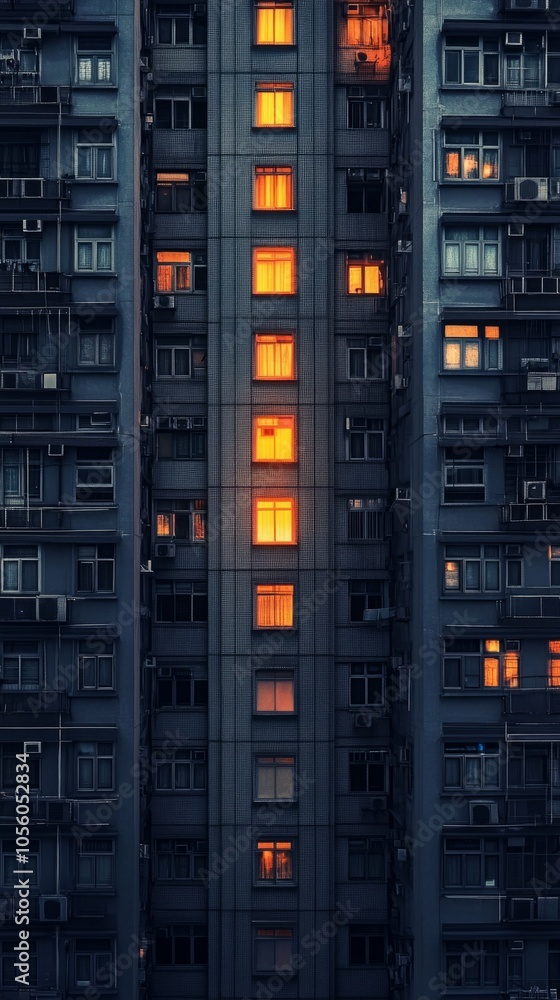 A tall building with many windows and a long, narrow section of windows A tall building with many windows and a long, narrow section of windows