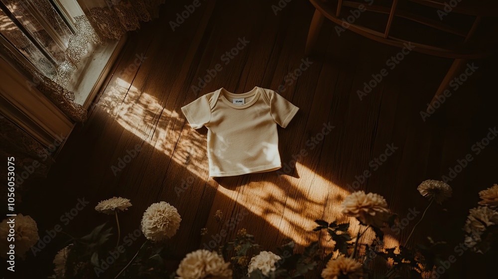 Obraz premium Soft-colored children's t-shirt on wooden floor, surrounded by fresh flowers, capturing a natural, cheerful vibe.