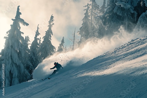 Skieur en poudreuse entre sapins enneigés avec brume
 photo