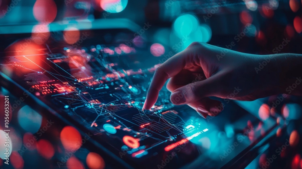 Hand interacting with futuristic digital interface on a touchscreen Hand interacting with futuristic digital interface on a touchscreen