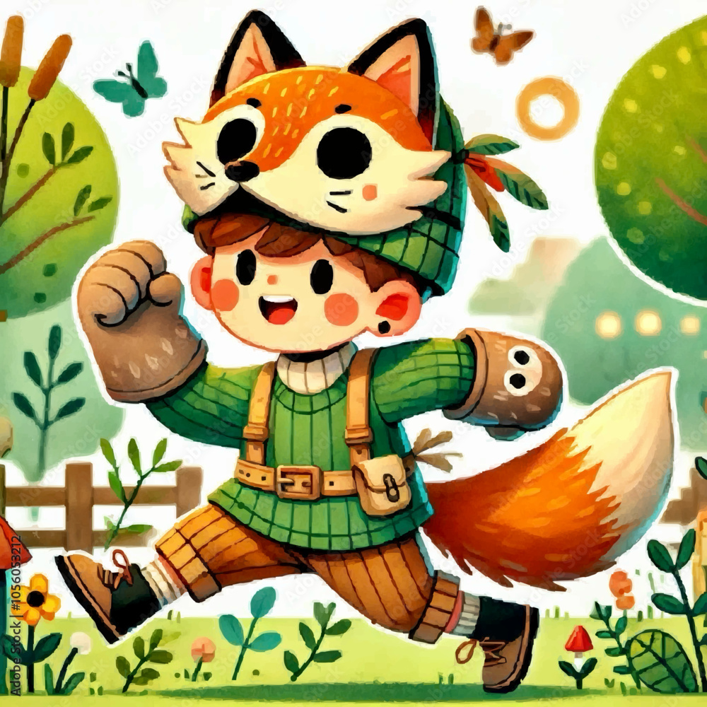 Fototapeta premium Child in Fox Costume Enjoying Nature, Illustration