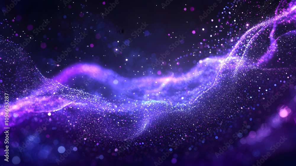 Abstract purple and blue glowing wave with particles on dark background. Abstract purple and blue glowing wave with particles on dark background.