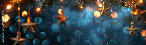 Golden Star Ornaments Hanging From Christmas Tree Branch With Lights