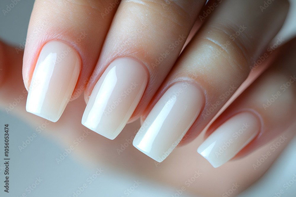 Close-up of manicured nails with a glossy natural finish, showcasing elegant, smooth, and healthy nails in soft lighting Close-up of manicured nails with a glossy natural finish, showcasing elegant, smooth, and healthy nails in soft lighting
