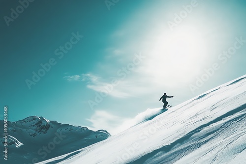 Skieur solitaire sur pente enneigée avec ciel turquoise
 photo