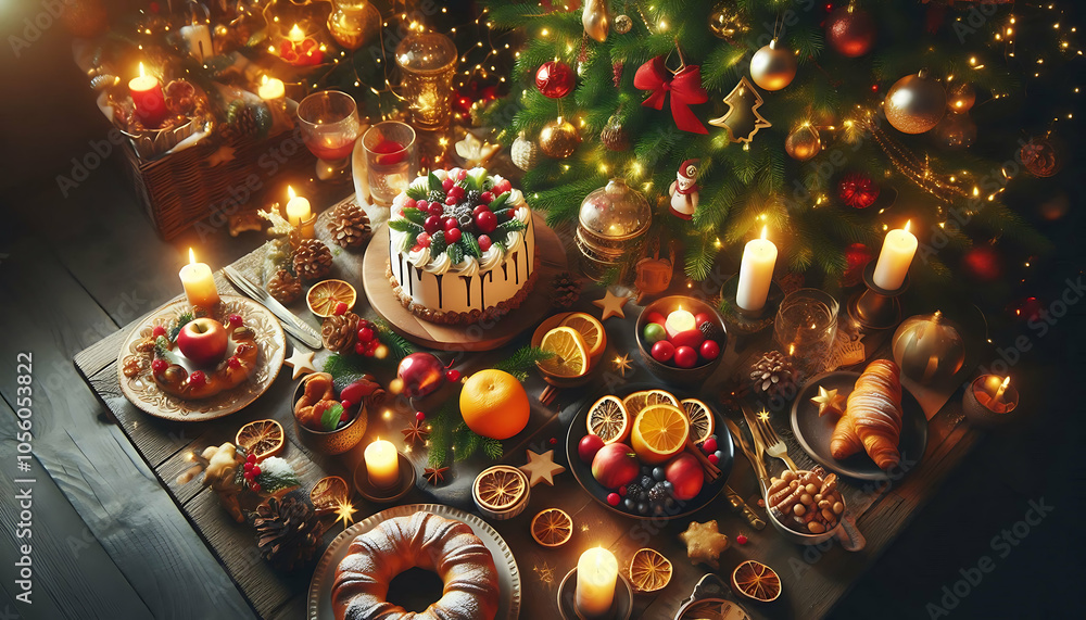 A festive Christmas table featuring candles, sweets, and seasonal decorations, creating a warm and cozy holiday ambiance.
