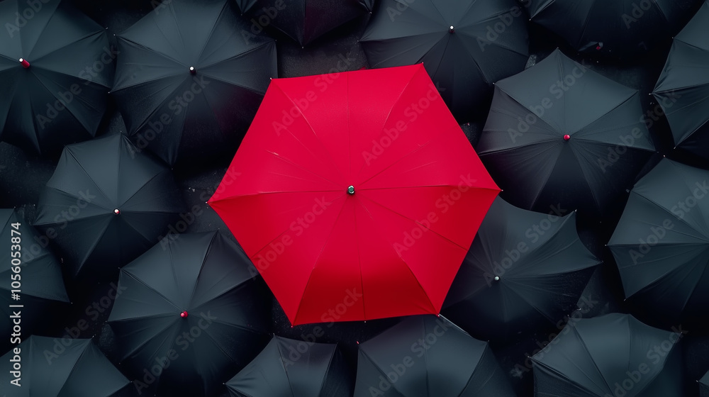 top view red umbrella among black umbrellas top view red umbrella among black umbrellas