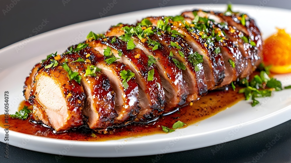 Sumptuous Roast Duck with Vibrant Orange Glaze in Exquisite Setting Sumptuous Roast Duck with Vibrant Orange Glaze in Exquisite Setting