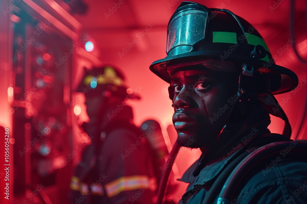 Obraz premium Firefighters Determination Battling Blazes, Portrait of Courage in the Face of Fire
