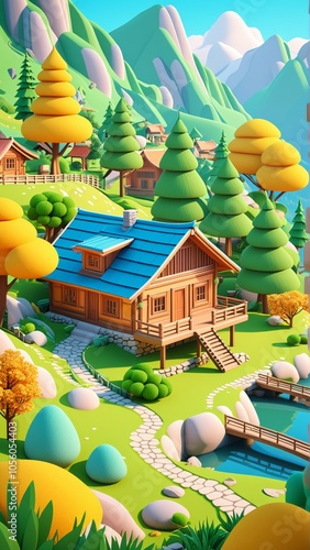 Charming mountain cabin in vibrant cartoon landscape with lush forest