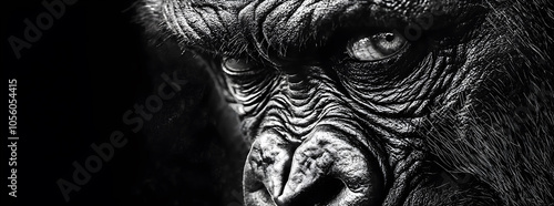 Close up portrait of a gorilla's intense gaze against a dark background.