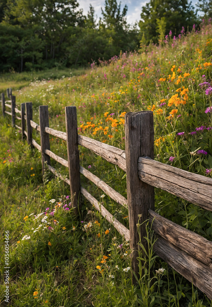 rustic wooden fence with wildflowers growing along the bottom rustic wooden fence with wildflowers growing along the bottom