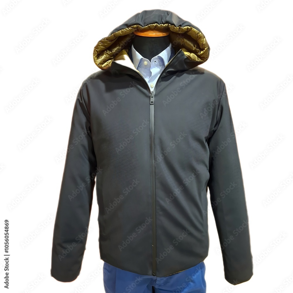 mannequin with black double-face men's rain jacket with hood, isolated on white background mannequin with black double-face men's rain jacket with hood, isolated on white background
