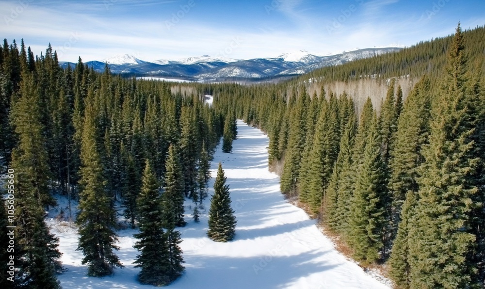 Snow-covered forest landscape with tall pine trees and mountains. Snow-covered forest landscape with tall pine trees and mountains.