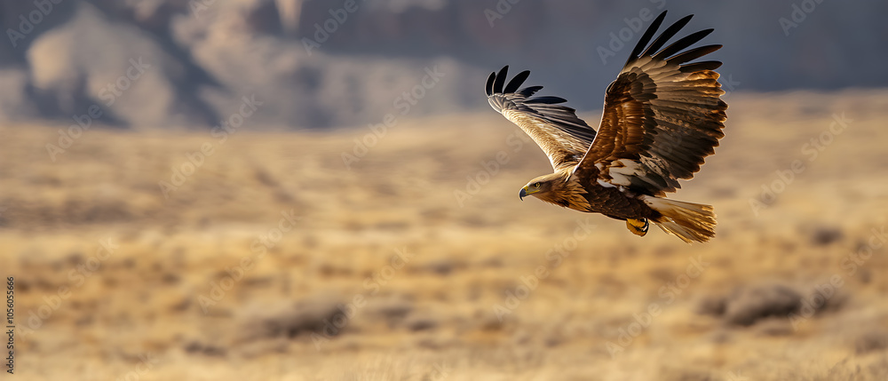 Naklejka premium Eagle in flight over a field of golden grass.