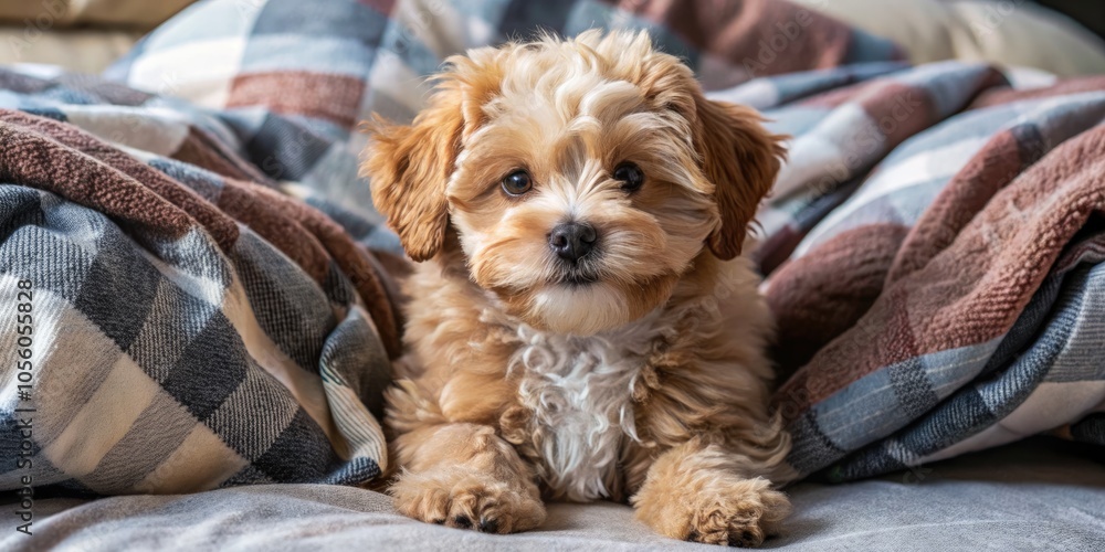Happy maltipoo puppy resting on soft blankets in cozy indoor setting. Generative AI Happy maltipoo puppy resting on soft blankets in cozy indoor setting. Generative AI