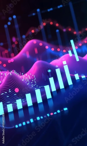 Slow motion VDO of  Data Flow: Abstract visualization of financial data, glowing with vibrant pink and blue hues, creating a dynamic and futuristic representation of market trends.