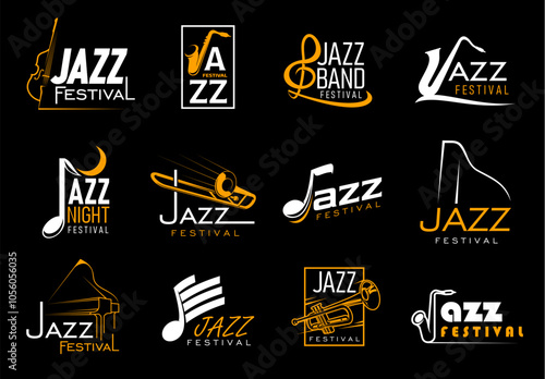 Jazz music icons with vector saxophone, trumpet, piano, trombone and cello musical instruments, notes and treble clef silhouettes. Jazz band concert, festival, night club event and live show signs set