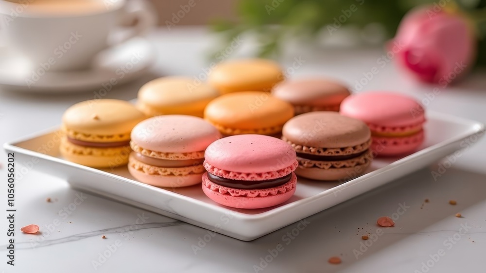 many colorful macaroons lie on a white saucer many colorful macaroons lie on a white saucer