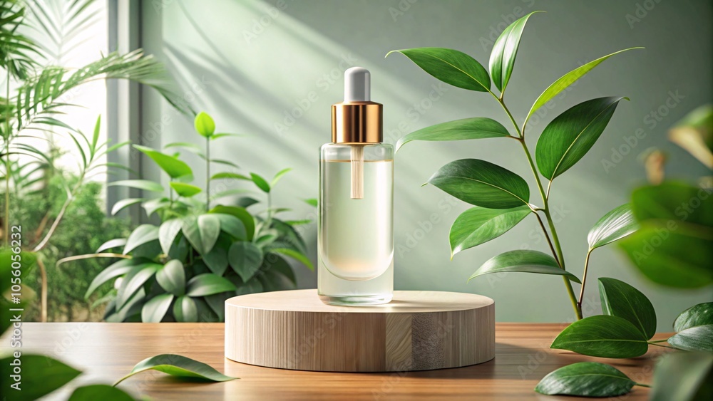 Elegant Glass Skincare Bottle with gold pump and tropical leaves V4 Elegant Glass Skincare Bottle with gold pump and tropical leaves V4