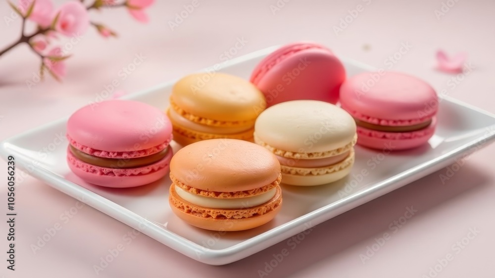 Fototapeta premium many colorful macaroons lie on a white saucer
