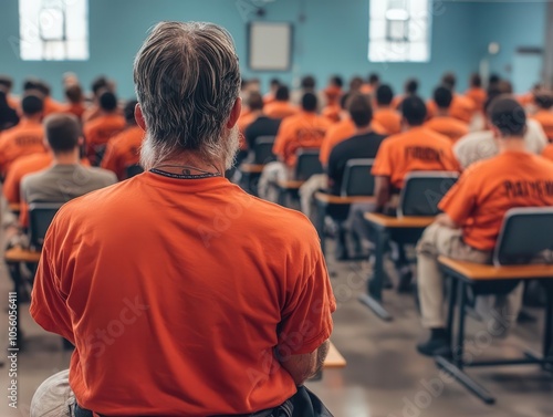 Inmates in orange jumpsuits listen attentively during a lecture in a prison classroom.