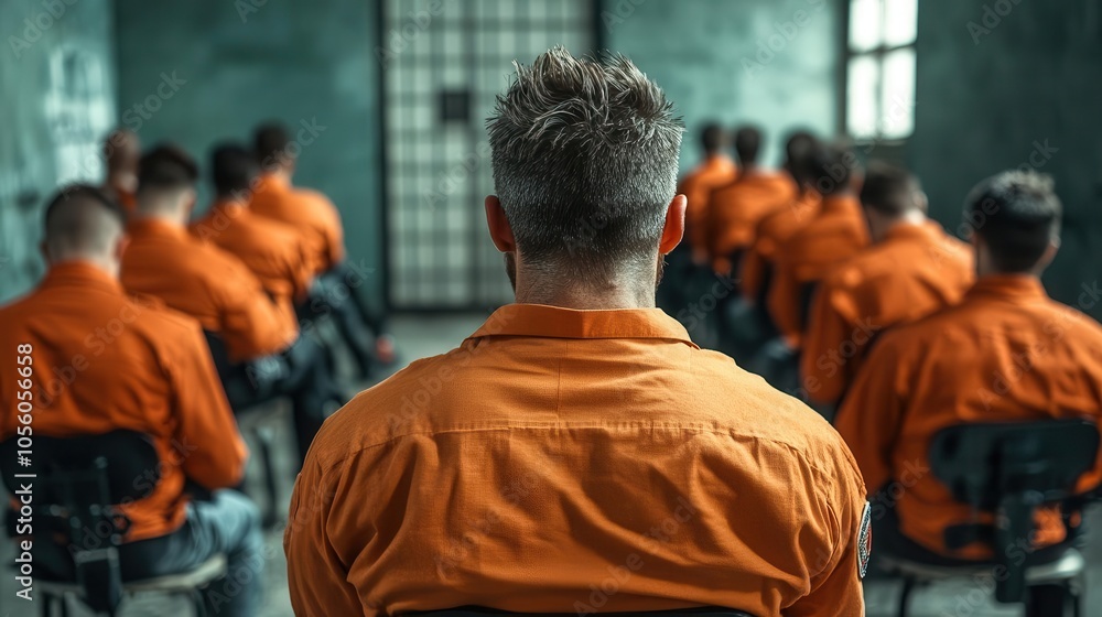Fototapeta premium Inmates in orange jumpsuits seated in a prison room, listening to a speaker.