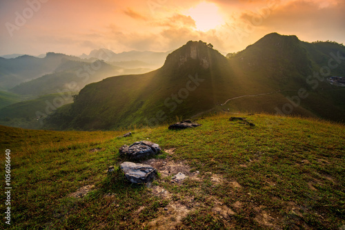 High viewpoint You can see the mountains and the mist. Sunrise at Cao Bang, Vietnam