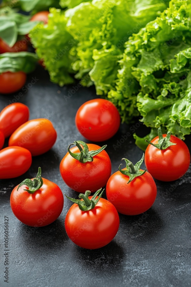Fresh red tomatoes and crisp lettuce on a dark countertop Fresh red tomatoes and crisp lettuce on a dark countertop