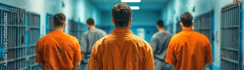 Inmates in orange jumpsuits walk down a prison corridor.