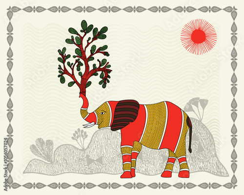 Gentle Giant: A Serene Gond Artwork of an Elephant. Gond elephant painting, Indian folk art elephant, Tribal elephant artwork, Gond jungle art