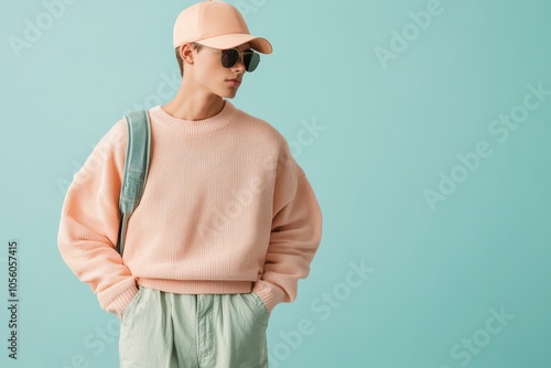 hipster dad core outfit featuring a fanny pack, baseball cap, and an oversized sweater, styled with a retro aesthetic, minimal background with copy space photo