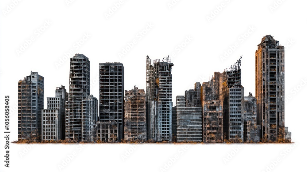 A skyline of abandoned, weathered skyscrapers showcasing urban decay and neglect. A skyline of abandoned, weathered skyscrapers showcasing urban decay and neglect.