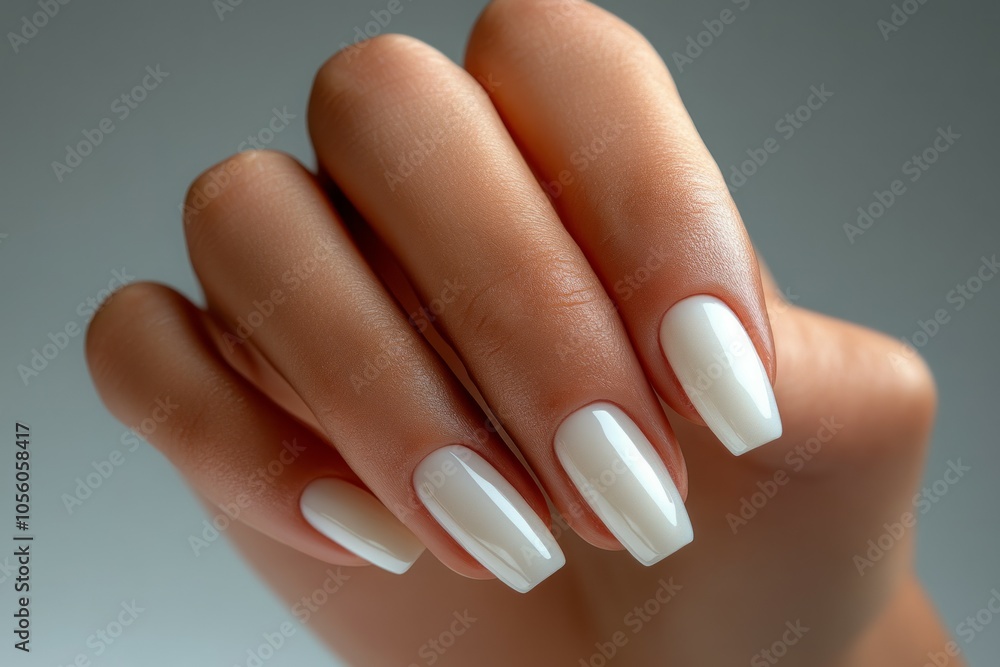 A hand with white nail polish. A hand with white nail polish.