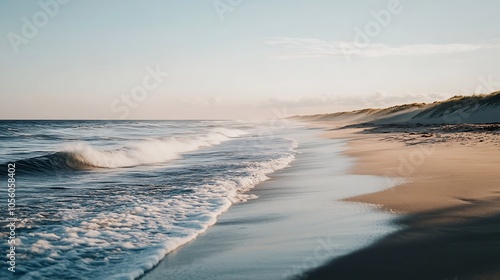 A soft, blurred beach with rolling waves and a clear, open sky for text