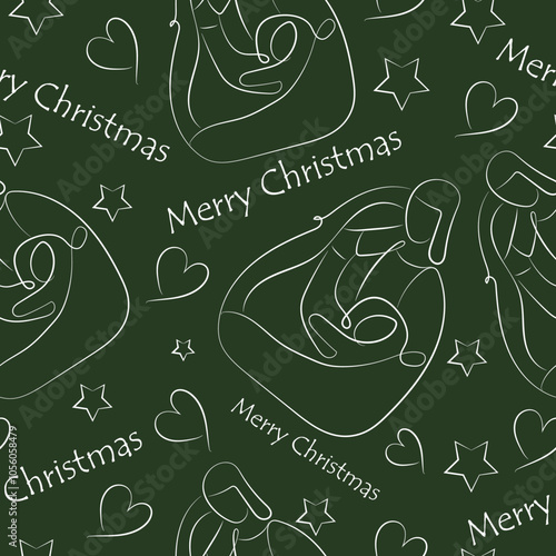 seamless christmas pattern of simple vartep icons drawn in line art style on green background, for various posters, cards or banners
