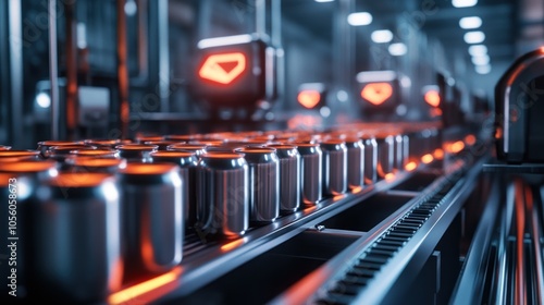 A conveyor belt in a factory with metallic cans illuminated by orange lights.