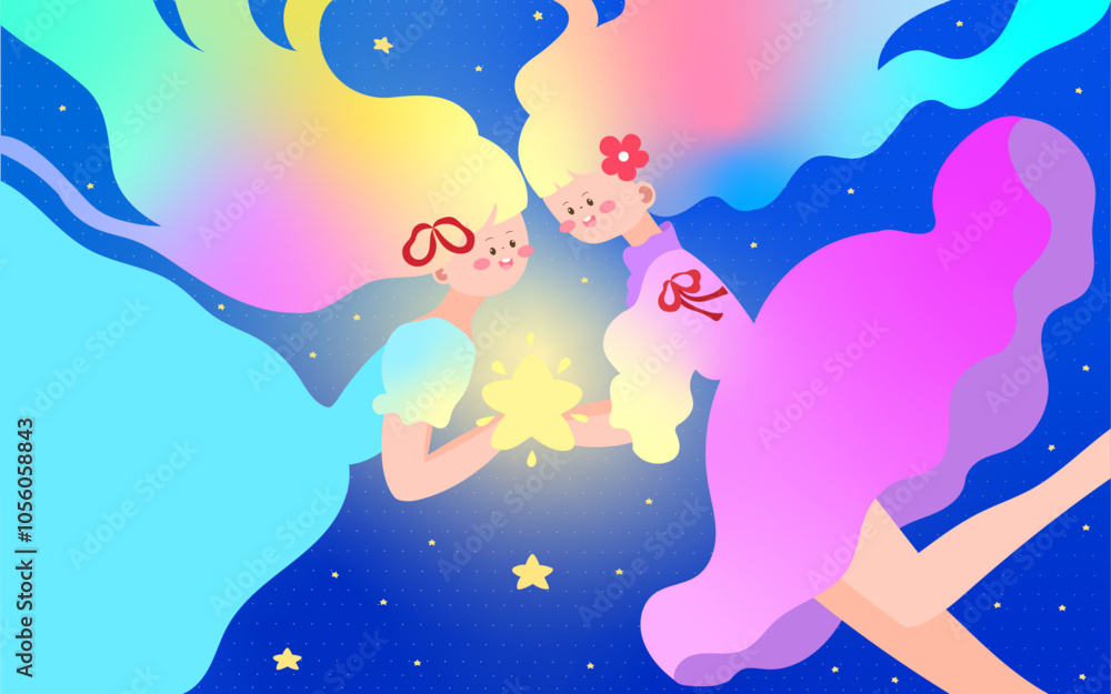 Magical Friendship of Two Girls Holding a Star in a Dreamy Galaxy Background Magical Friendship of Two Girls Holding a Star in a Dreamy Galaxy Background