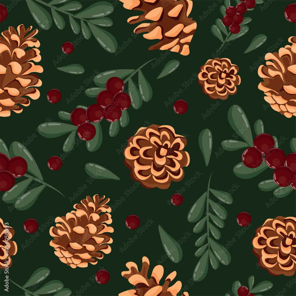 seamless pattern with different cones of conifers and red holly berries on a green background, for Christmas wrapping, cards or decorations seamless pattern with different cones of conifers and red holly berries on a green background, for Christmas wrapping, cards or decorations