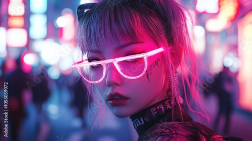 A stylish individual with neon glasses in a vibrant urban setting.