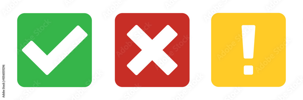 Yes, No, Warning. Right, wrong, be careful. Green, yellow, red tick, cross, exclamation mark. False and true, right and wrong. Yes, No, Warning. Right, wrong, be careful. Green, yellow, red tick, cross, exclamation mark. False and true, right and wrong.
