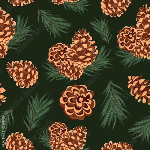 seamless pattern with various cones of conifers arranged randomly and fir branches on a green background, for Christmas packaging, cards or decorations