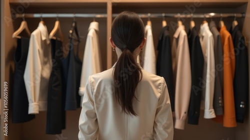 Young woman choosing outfits in a stylishly organized indoor wardrobe seen from the back.