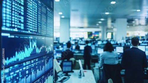Wallpaper Mural A busy trading floor with a large screen displaying stock market data. Torontodigital.ca