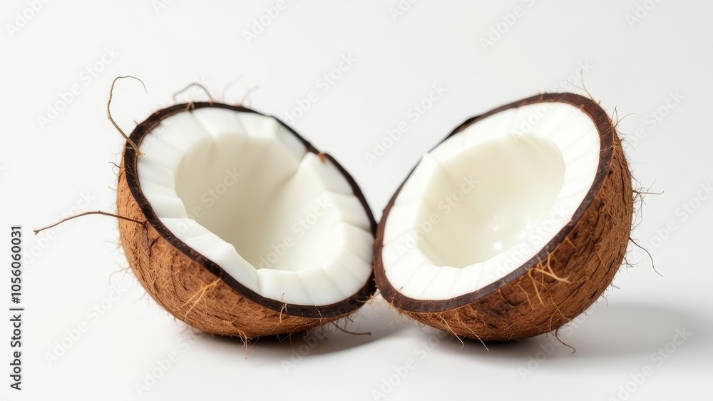 a split coconut, on a white background, showing its white-brown shell, symbolizing the natural value of the tropical fruit and its culinary versatility, a split coconut, on a white background, showing its white-brown shell, symbolizing the natural value of the tropical fruit and its culinary versatility,